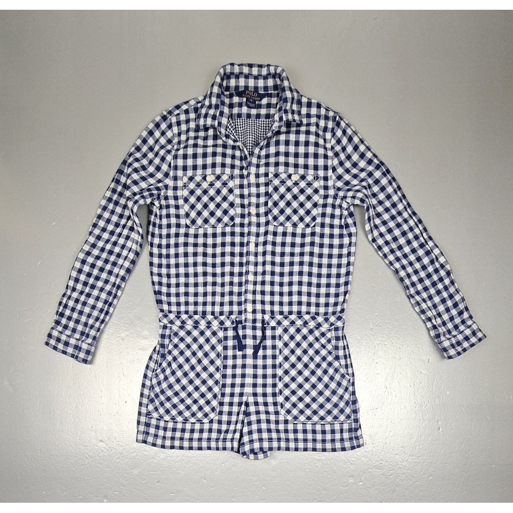 Vintage Polo Ralph Lauren Romper Girls 14 Blue White Gingham Plaid Long Sleeve